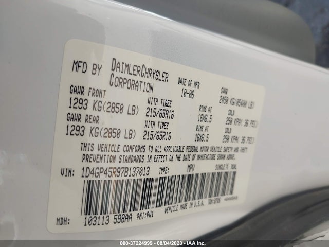 2007 DODGE CARAVAN SXT VIN: 1D4GP45R97B137013