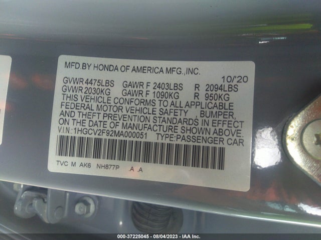2021 HONDA ACCORD SEDAN TOURING VIN: 1HGCV2F92MA000051