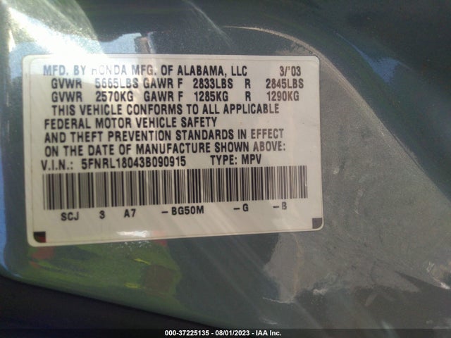 2003 HONDA ODYSSEY EX-L VIN: 5FNRL18043B090915