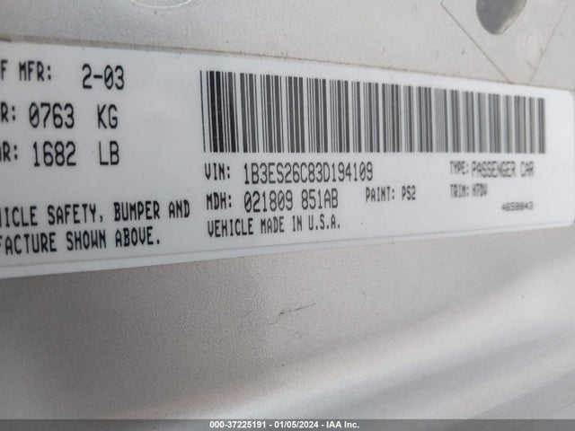 2003 DODGE NEON SE VIN: 1B3ES26C83D194109