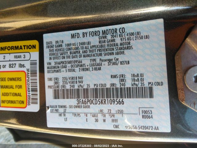 3FA6P0CD5KR109566 Ford FUSION SEL