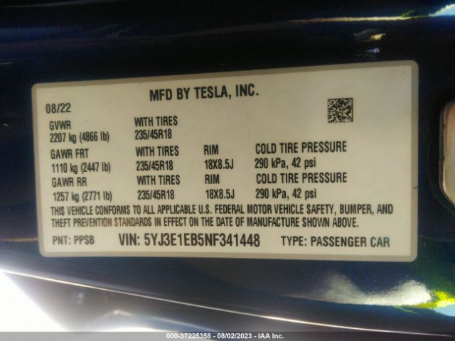 5YJ3E1EB5NF341448 Tesla Model 3 Long Range