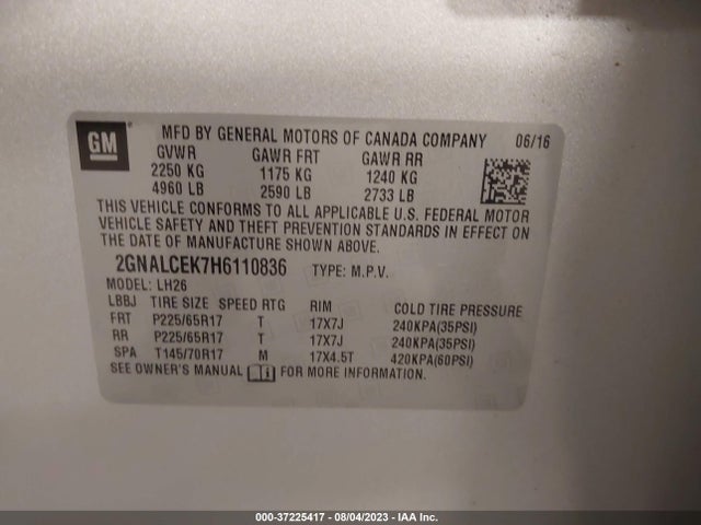 2017 CHEVROLET EQUINOX LT VIN: 2GNALCEK7H6110836