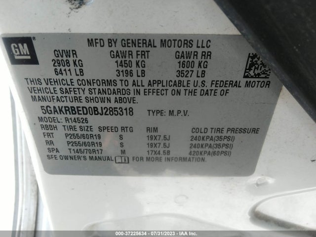 37225634 :رقم المزاد ، 5GAKRBED0BJ285318 vin ، 2011 Buick Enclave Cxl-1 مزاد بيع