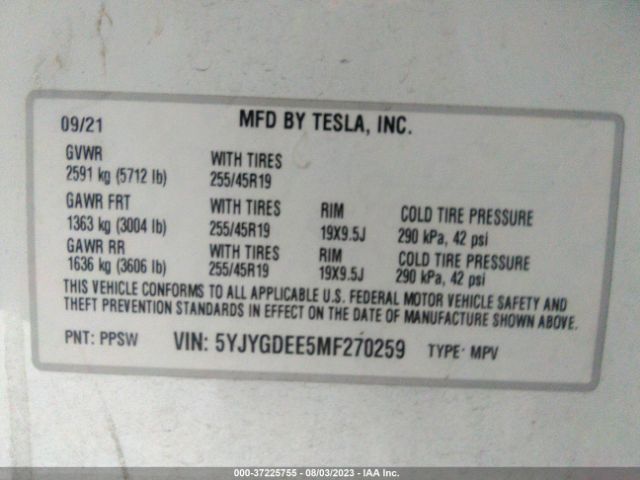 5YJYGDEE5MF270259 Tesla Model Y Long Range