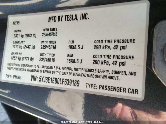 Tesla Model 3 Long Range 2020 5YJ3E1EB0LF639189 Image 17