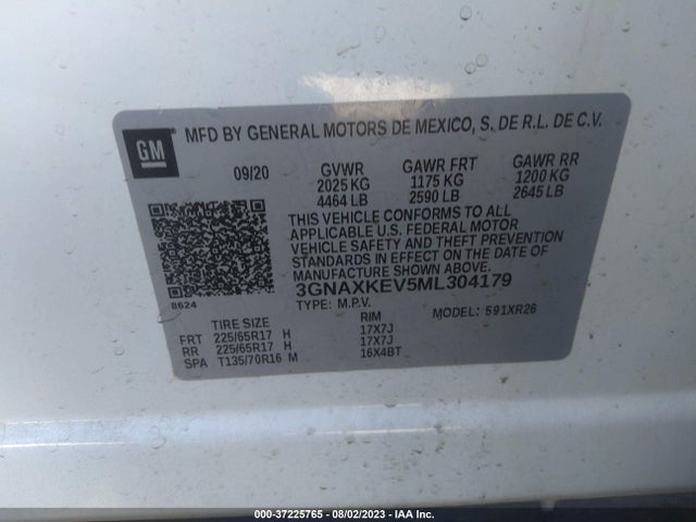 2021 CHEVROLET EQUINOX LT VIN: 3GNAXKEV5ML304179