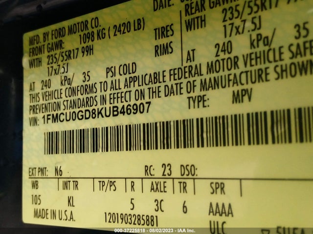 2019 FORD ESCAPE SE VIN: 1FMCU0GD8KUB46907