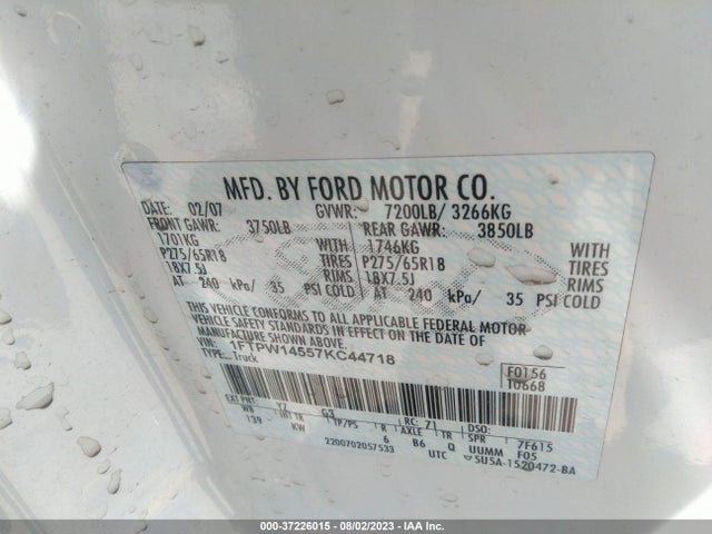 2007 FORD F-150 XLT/FX4/LARIAT/KING RANCH VIN: 1FTPW14557KC44718