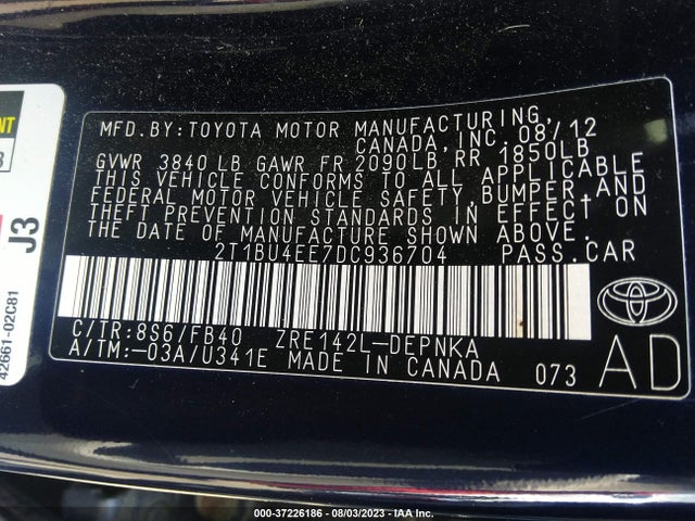 2013 TOYOTA COROLLA L/LE/S VIN: 2T1BU4EE7DC936704
