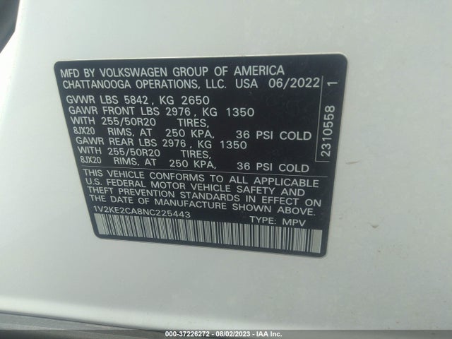 1V2KE2CA8NC225443 Volkswagen Atlas Cross Sport 3.6l V6 Se W/technology
