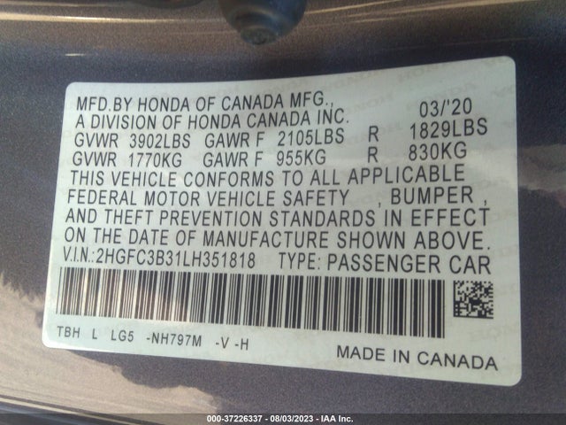 Honda Civic Coupe Ex 2020 2HGFC3B31LH351818 Image 9