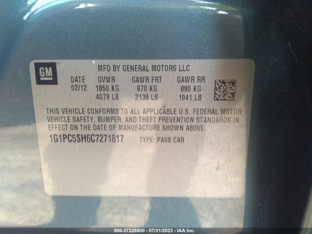 2012 CHEVROLET CRUZE LS VIN: 1G1PC5SH6C7271817
