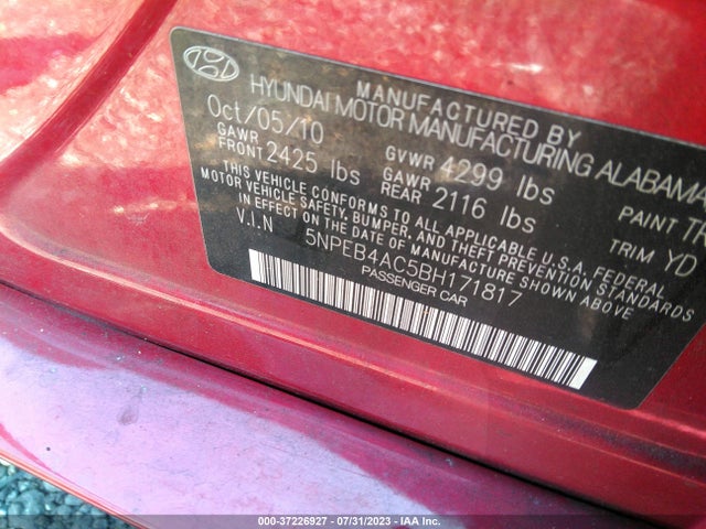 2011 HYUNDAI SONATA GLS PZEV VIN: 5NPEB4AC5BH171817