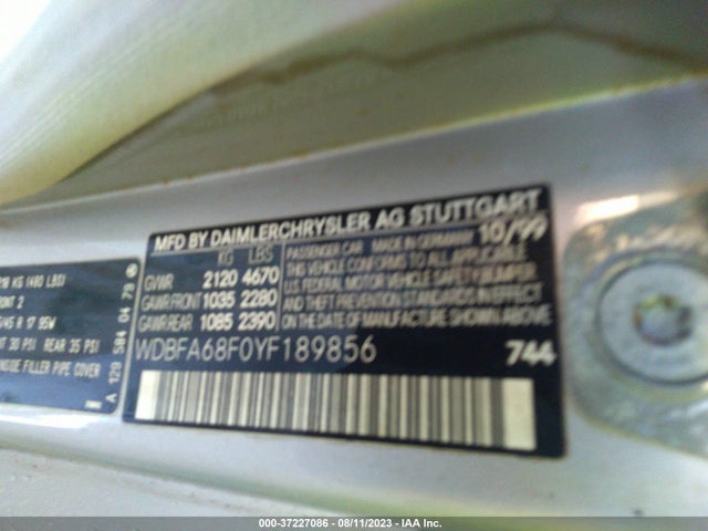 2000 MERCEDES-BENZ SL CLASS VIN: WDBFA68F0YF189856