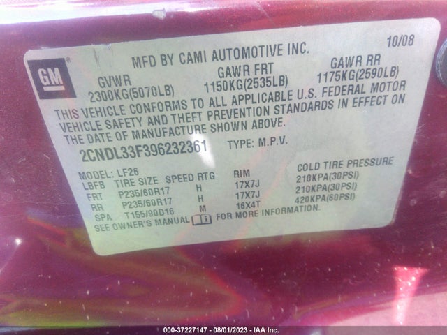 2009 CHEVROLET EQUINOX LT W/1LT VIN: 2CNDL33F396232361