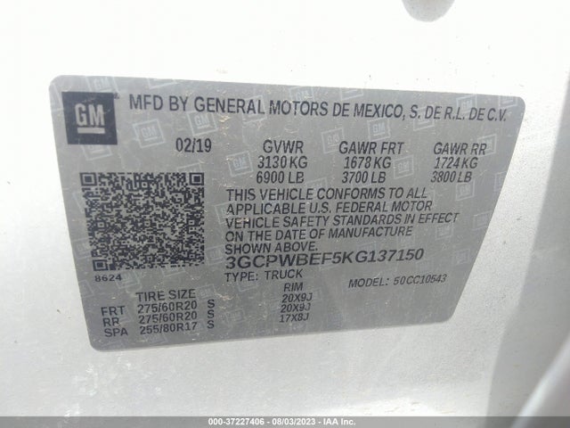 2019 CHEVROLET SILVERADO 1500 CUSTOM VIN: 3GCPWBEF5KG137150
