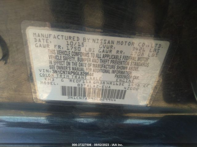 3N1CN7AP9GL829944 Nissan Versa S Plus