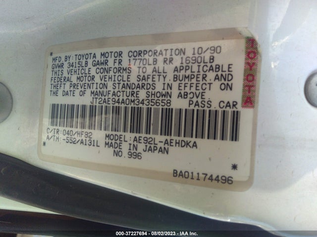 1991 TOYOTA COROLLA DLX VIN: JT2AE94A0M3435658
