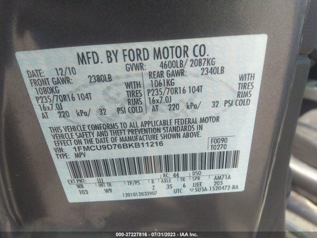 2011 FORD ESCAPE XLT VIN: 1FMCU9D76BKB11216
