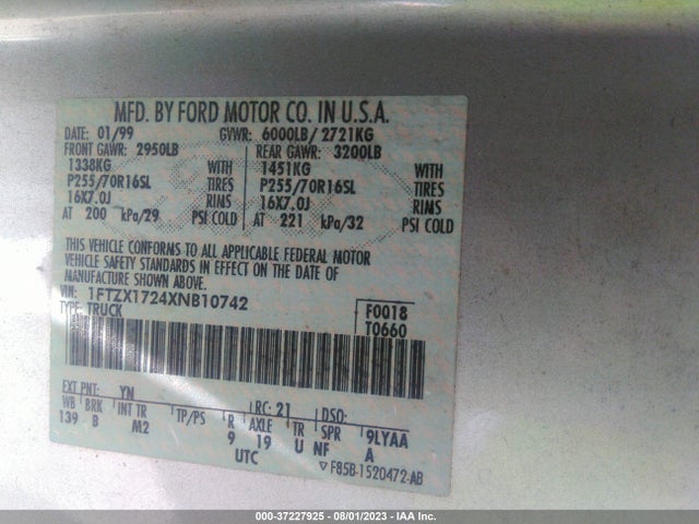 1999 FORD F-150 VIN: 1FTZX1724XNB10742