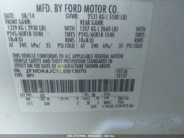 2FMDK4JC7EBB13070 Ford EDGE SEL