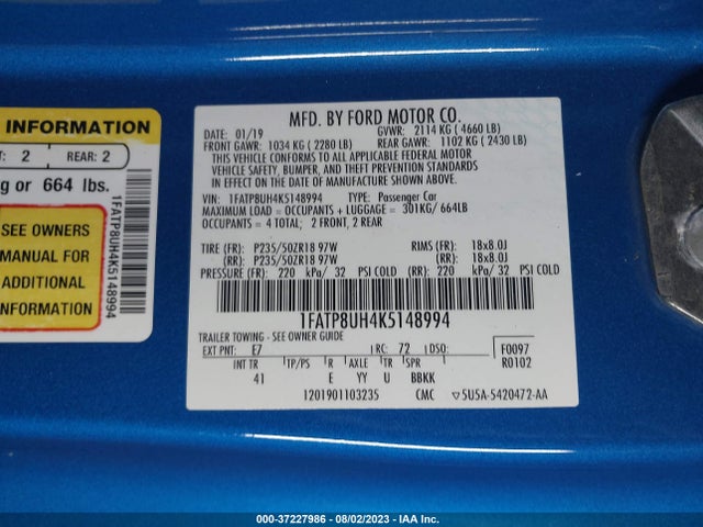 2019 FORD MUSTANG ECOBOOST VIN: 1FATP8UH4K5148994