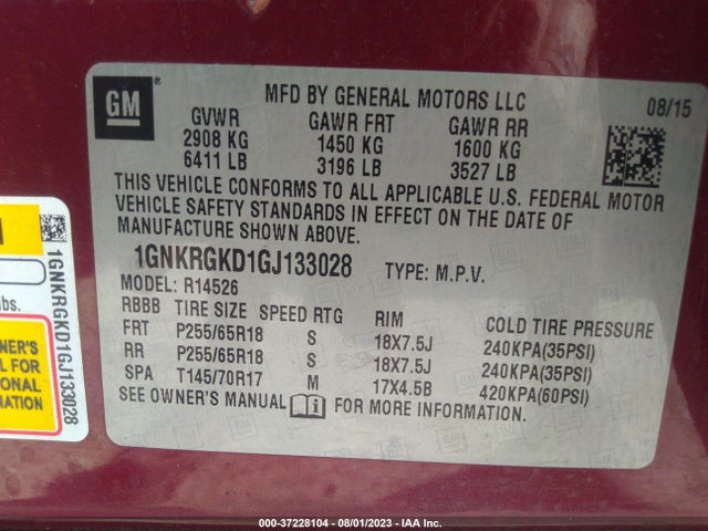Chevrolet Traverse Lt 2016 1GNKRGKD1GJ133028 Image 9
