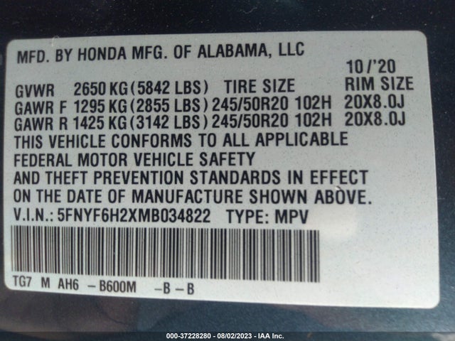 2021 HONDA PILOT SPECIAL EDITION VIN: 5FNYF6H2XMB034822