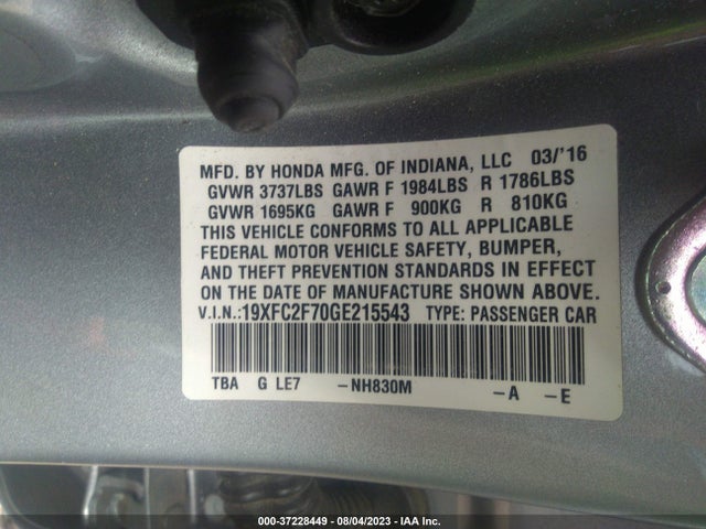 Honda Civic Sedan Ex 2016 19XFC2F70GE215543 Image 9