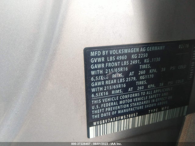 WVGBV7AX3FW578657 Volkswagen TIGUAN S
