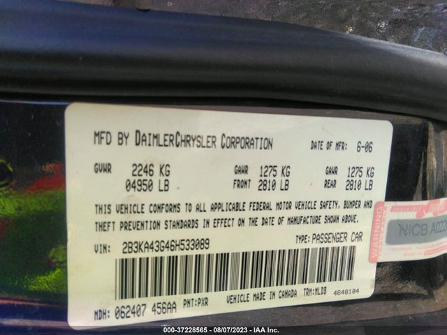 2006 DODGE CHARGER VIN: 2B3KA43G46H533089