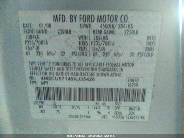 2008 MERCURY MARINER PREMIER VIN: 4M2CU87148KJ35426