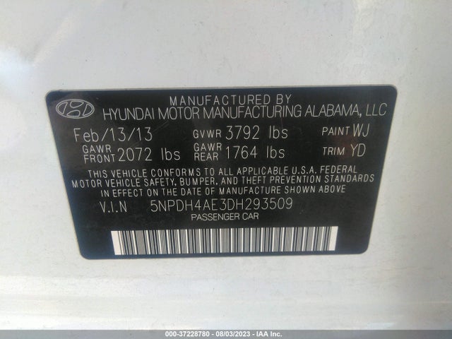 2013 HYUNDAI ELANTRA LIMITED VIN: 5NPDH4AE3DH293509
