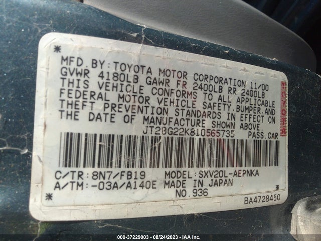 2001 TOYOTA CAMRY CE/LE/XLE VIN: JT2BG22K810565735