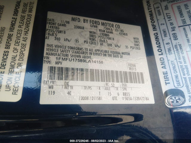 2009 FORD EXPEDITION EDDIE BAUER VIN: 1FMFU17589LA14158
