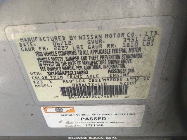 2012 NISSAN SENTRA 2.0 SR VIN: 3N1AB6AP2CL746893