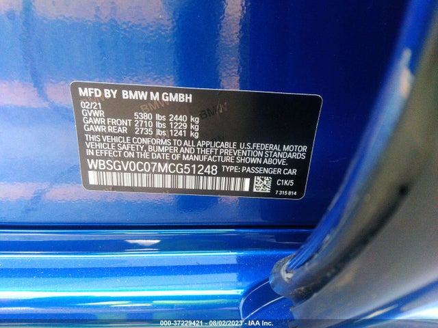 2021 BMW M8, VIN: WBSGV0C07MCG51248