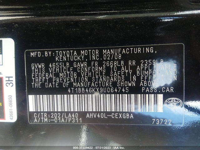 2009 TOYOTA CAMRY HYBRID VIN: 4T1BB46KX9U064745