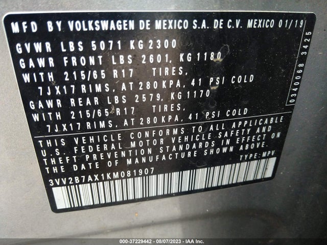 3VV2B7AX1KM081907 Volkswagen Tiguan Se/sel/sel R-line