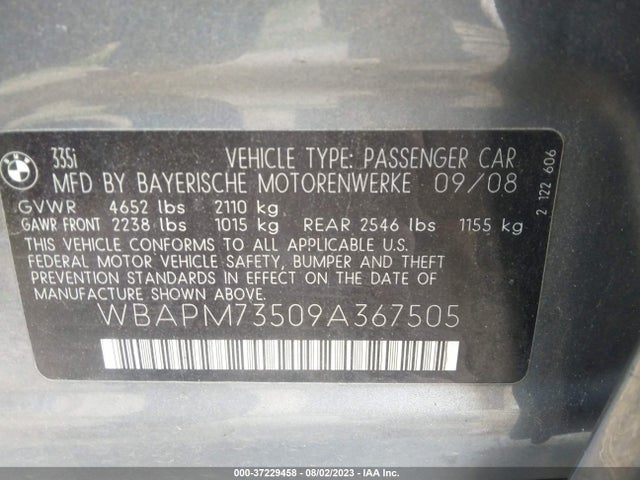 2009 BMW 3 SERIES 335I VIN: WBAPM73509A367505