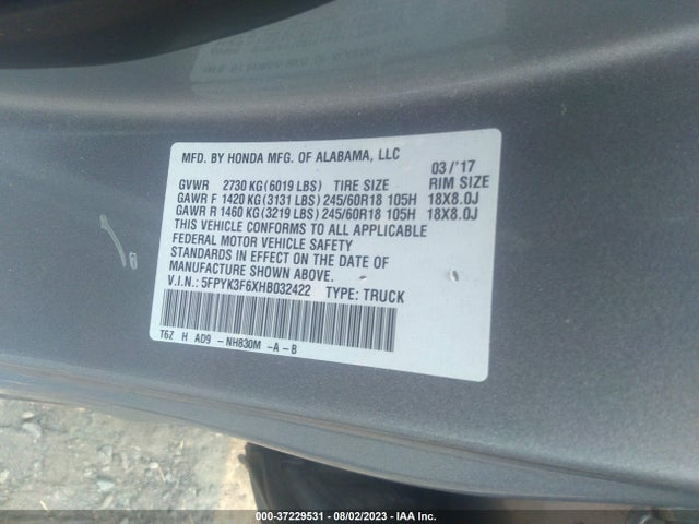 Honda Ridgeline Rtl-t 2017 5FPYK3F6XHB032422 Image 9