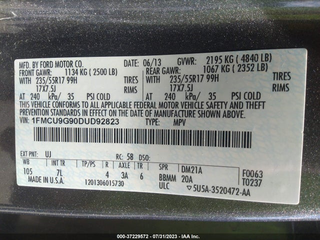 2013 FORD ESCAPE SE VIN: 1FMCU9G90DUD92823