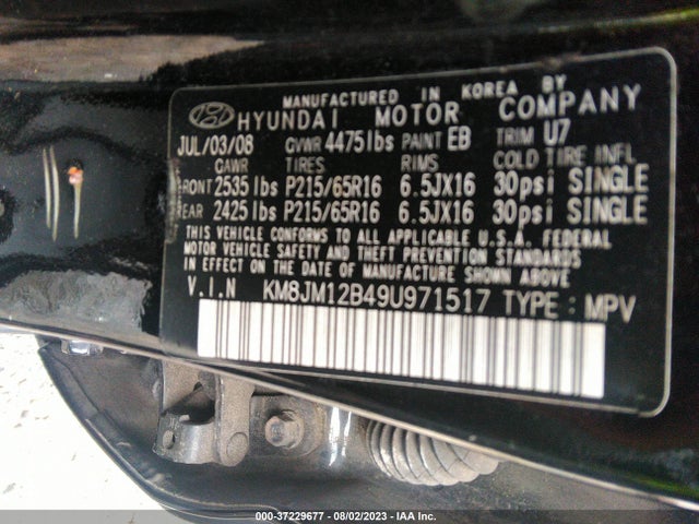 2009 HYUNDAI TUCSON GLS VIN: KM8JM12B49U971517