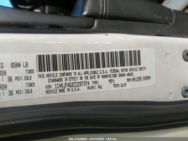 2012 JEEP GRAND CHEROKEE LAREDO VIN: 1C4RJFAG2CC297374