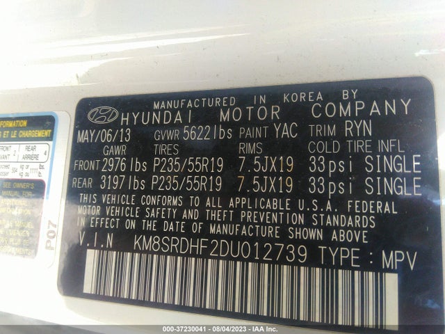 2013 HYUNDAI SANTA FE LIMITED W/SADDLE INT VIN: KM8SRDHF2DU012739