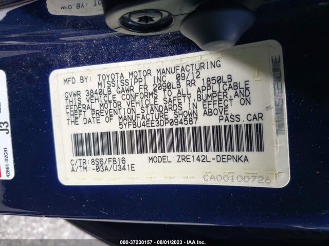2013 TOYOTA COROLLA L/LE/S VIN: 5YFBU4EE3DP094587