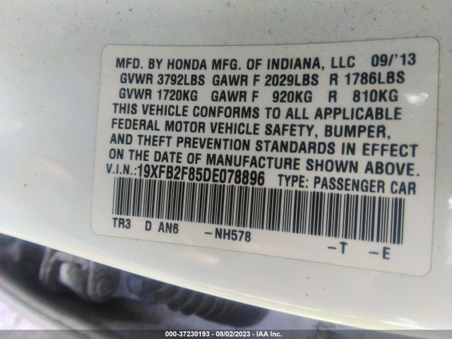 2013 HONDA CIVIC SDN EX VIN: 19XFB2F85DE078896