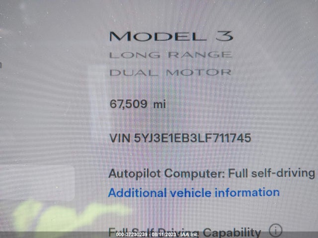 2020 Tesla 3, VIN: 5YJ3E1EB3LF711745