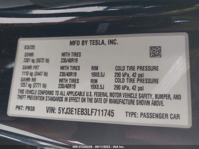 2020 Tesla 3, VIN: 5YJ3E1EB3LF711745